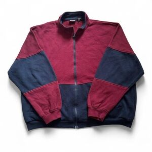 Vintage 1990a Men's Burgundy and Navy Zip Sweater
